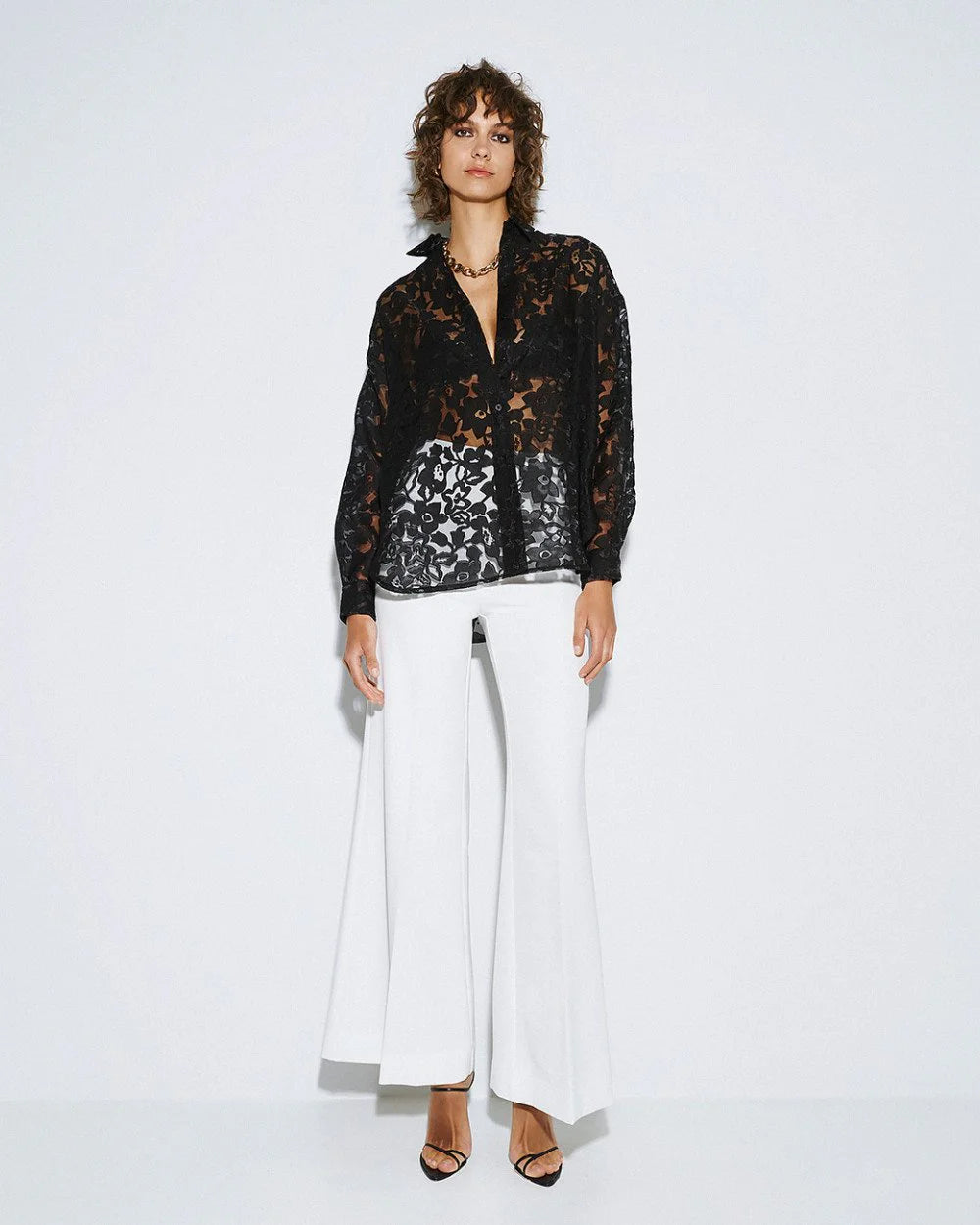 Semi-Sheer Devoré Long-Sleeved Shirt - White, Black, Light Blue