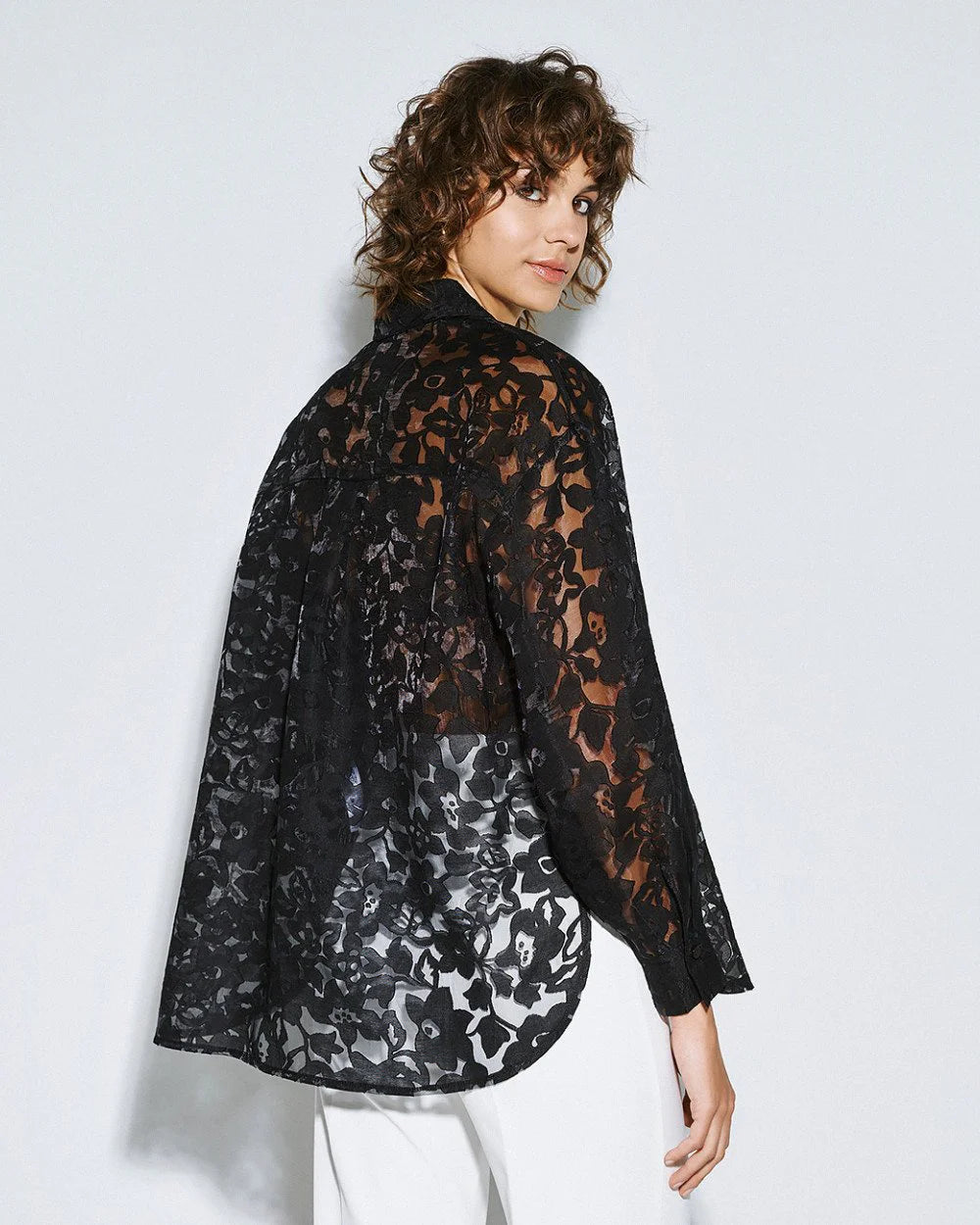 Semi-Sheer Devoré Long-Sleeved Shirt - White, Black, Light Blue