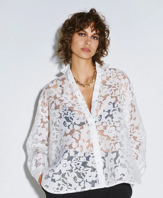 Semi-Sheer Devoré Long-Sleeved Shirt - White, Black, Light Blue