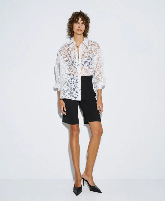 Semi-Sheer Devoré Long-Sleeved Shirt - White, Black, Light Blue