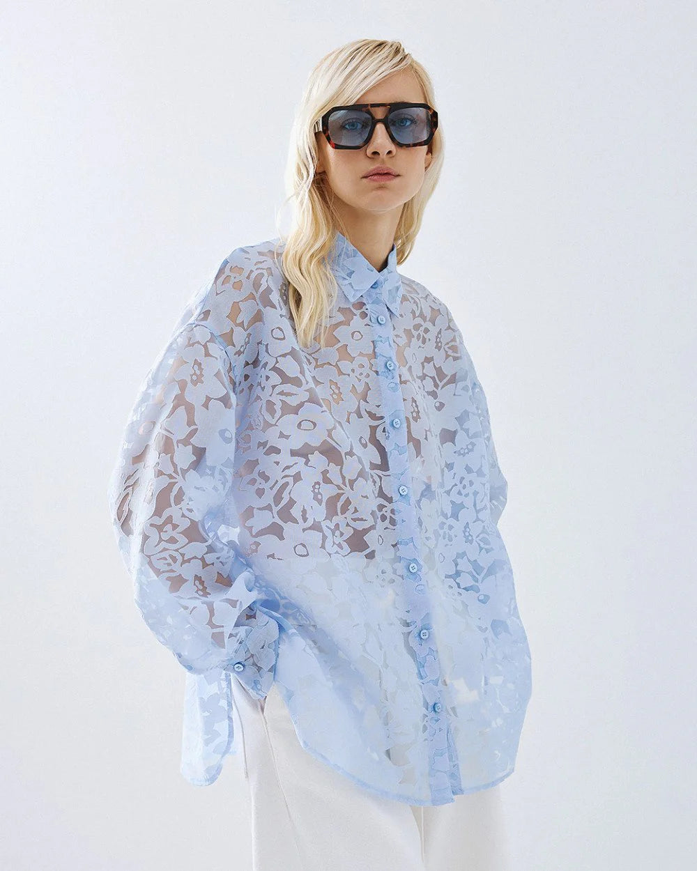 Semi-Sheer Devoré Long-Sleeved Shirt - White, Black, Light Blue