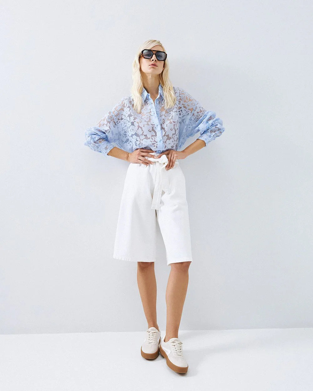 Semi-Sheer Devoré Long-Sleeved Shirt - White, Black, Light Blue