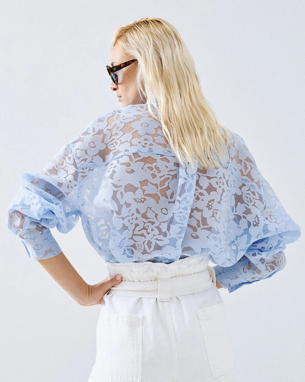 Semi-Sheer Devoré Long-Sleeved Shirt - White, Black, Light Blue