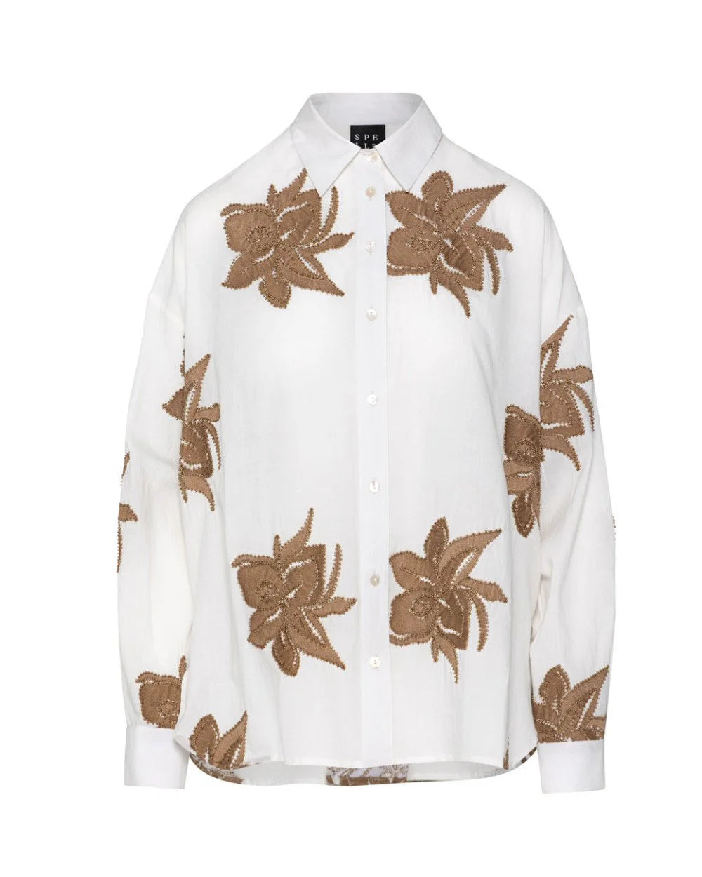 Cotton shirt with maxi floral embroidery - Camel, Black