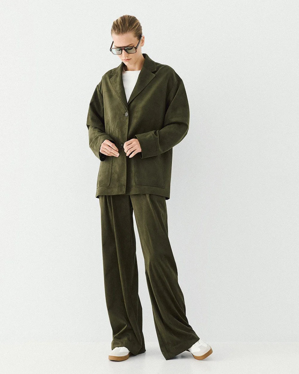 Giacca Oversize Effetto Scamosciato Verde Militare