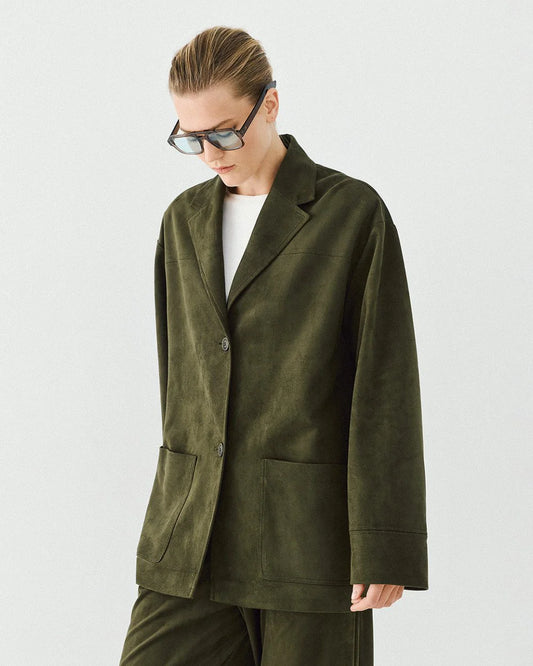 Giacca Oversize Effetto Scamosciato Verde Militare