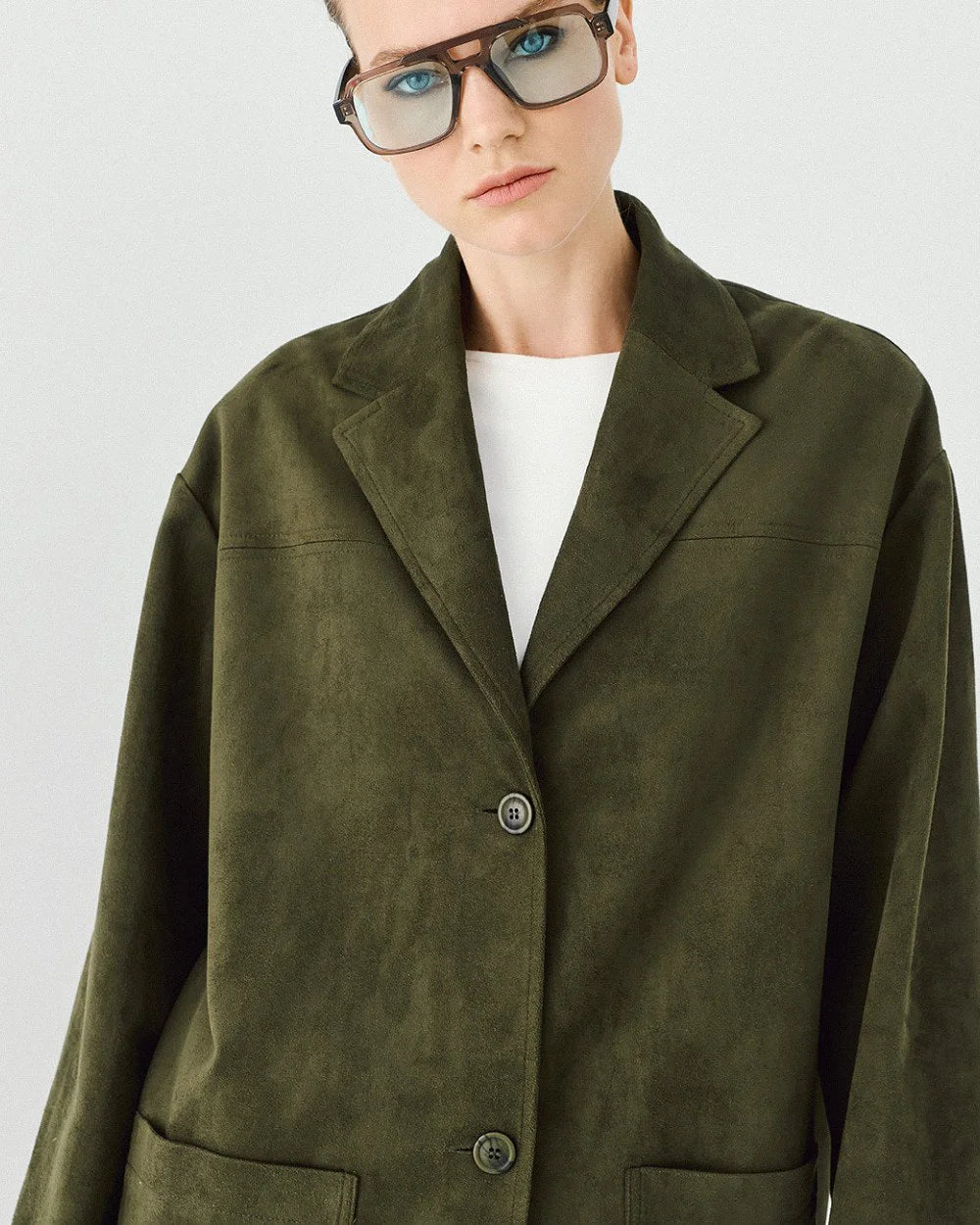 Giacca Oversize Effetto Scamosciato Verde Militare