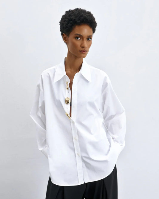 Camicia Oversize in Cotone con Spille Removibili - Nero, Bianco