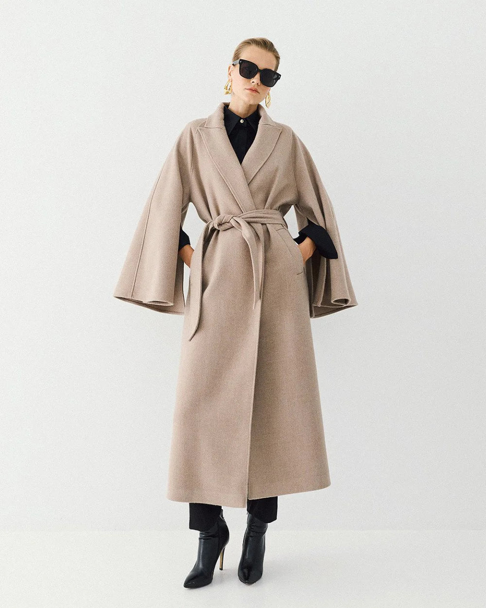 Cappotto a Vestaglia con Bottone, Maniche Ampie e Cintura