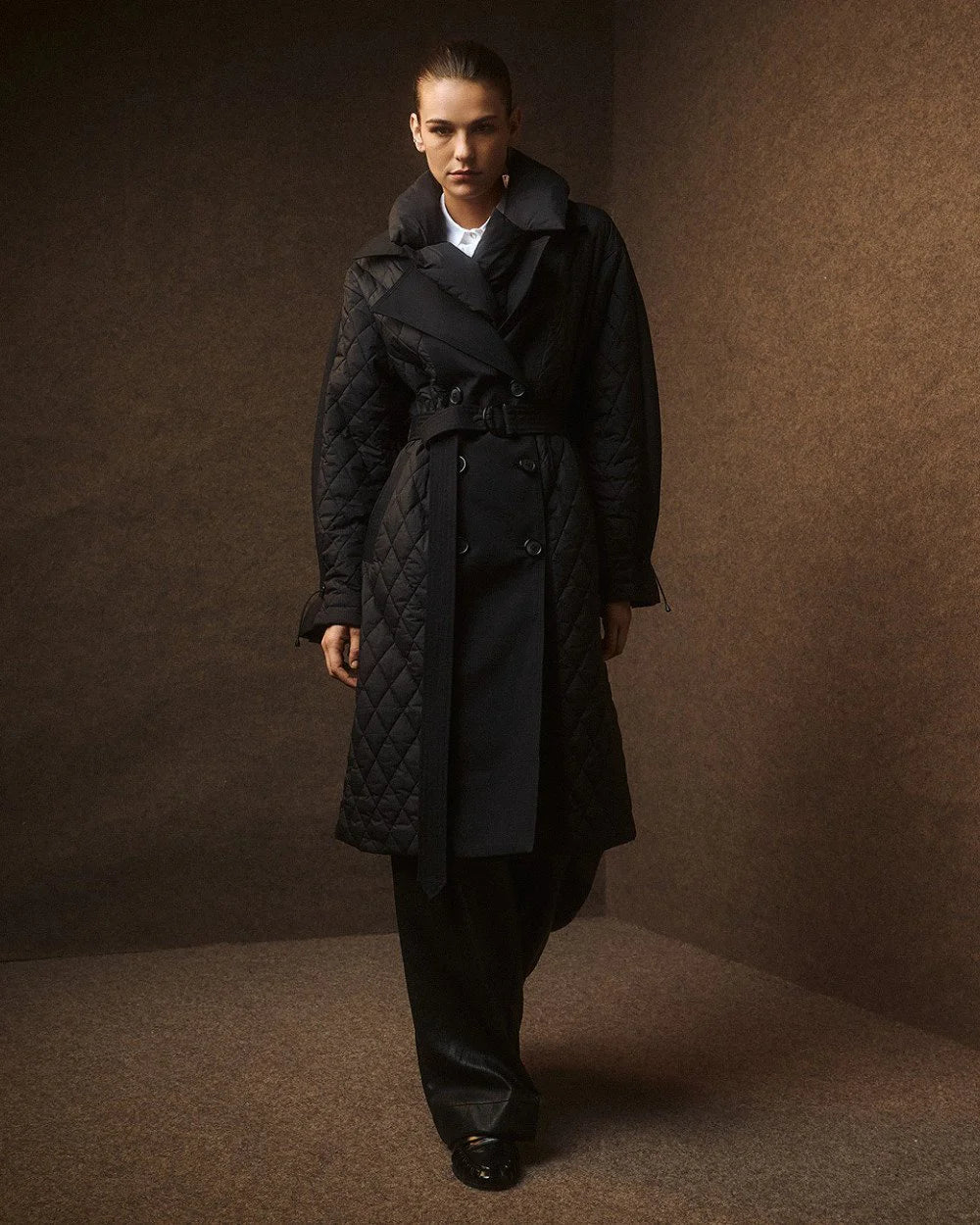 Cappotto Trapuntato a Doppio Petto in Nylon e Tessuto