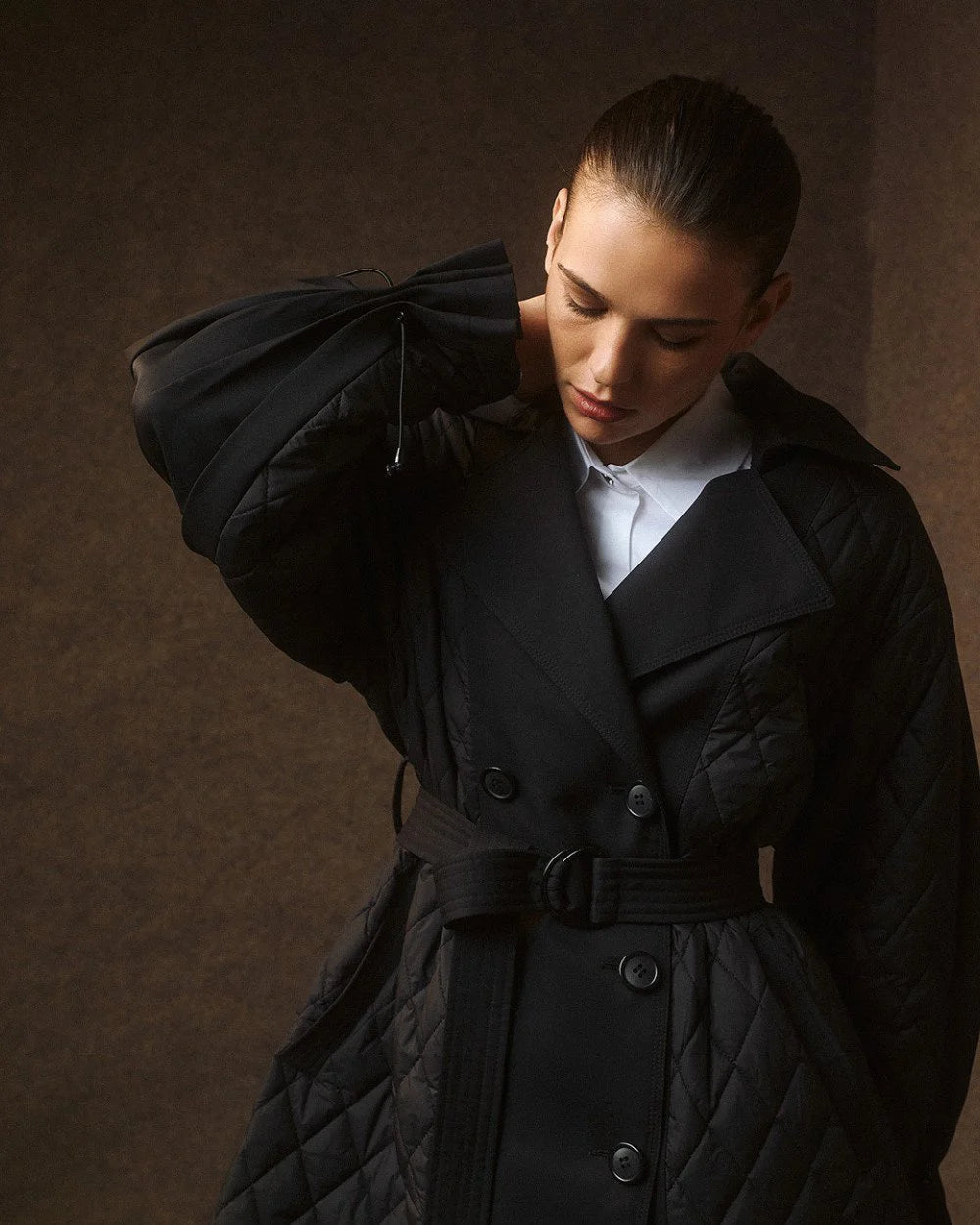 Cappotto Trapuntato a Doppio Petto in Nylon e Tessuto