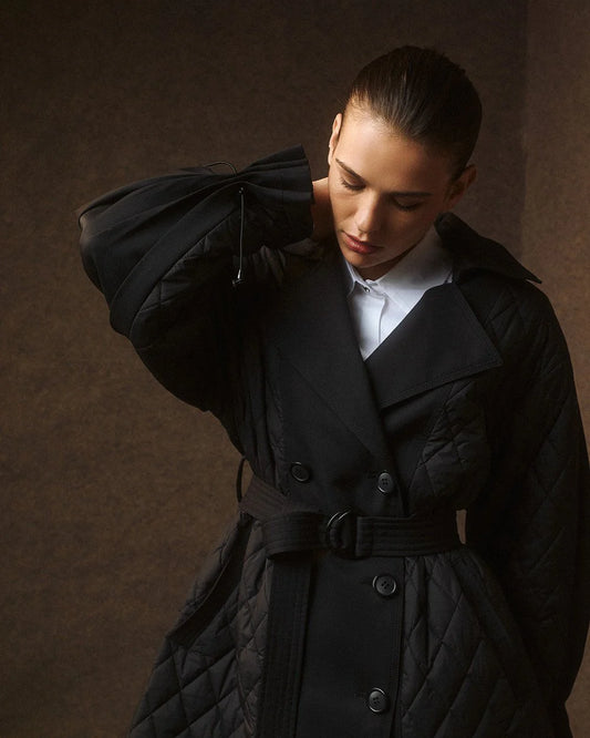 Cappotto Trapuntato a Doppio Petto in Nylon e Tessuto