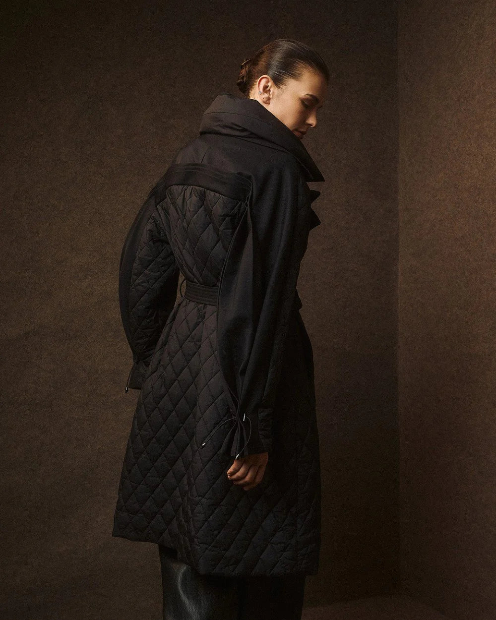 Cappotto Trapuntato a Doppio Petto in Nylon e Tessuto