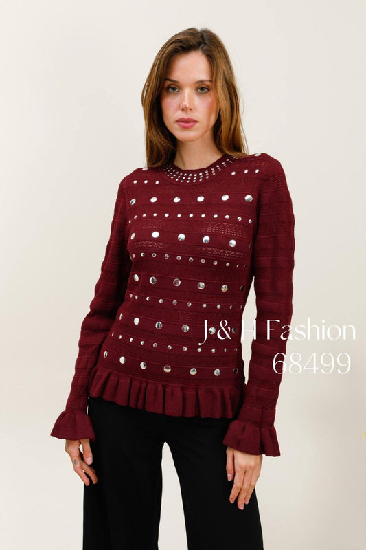 Maglia Aderente con Applicazioni Argentate e Volants - Bordeaux o Marrone