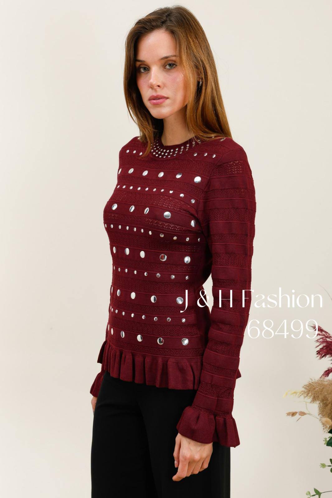 Maglia Aderente con Applicazioni Argentate e Volants - Bordeaux o Marrone