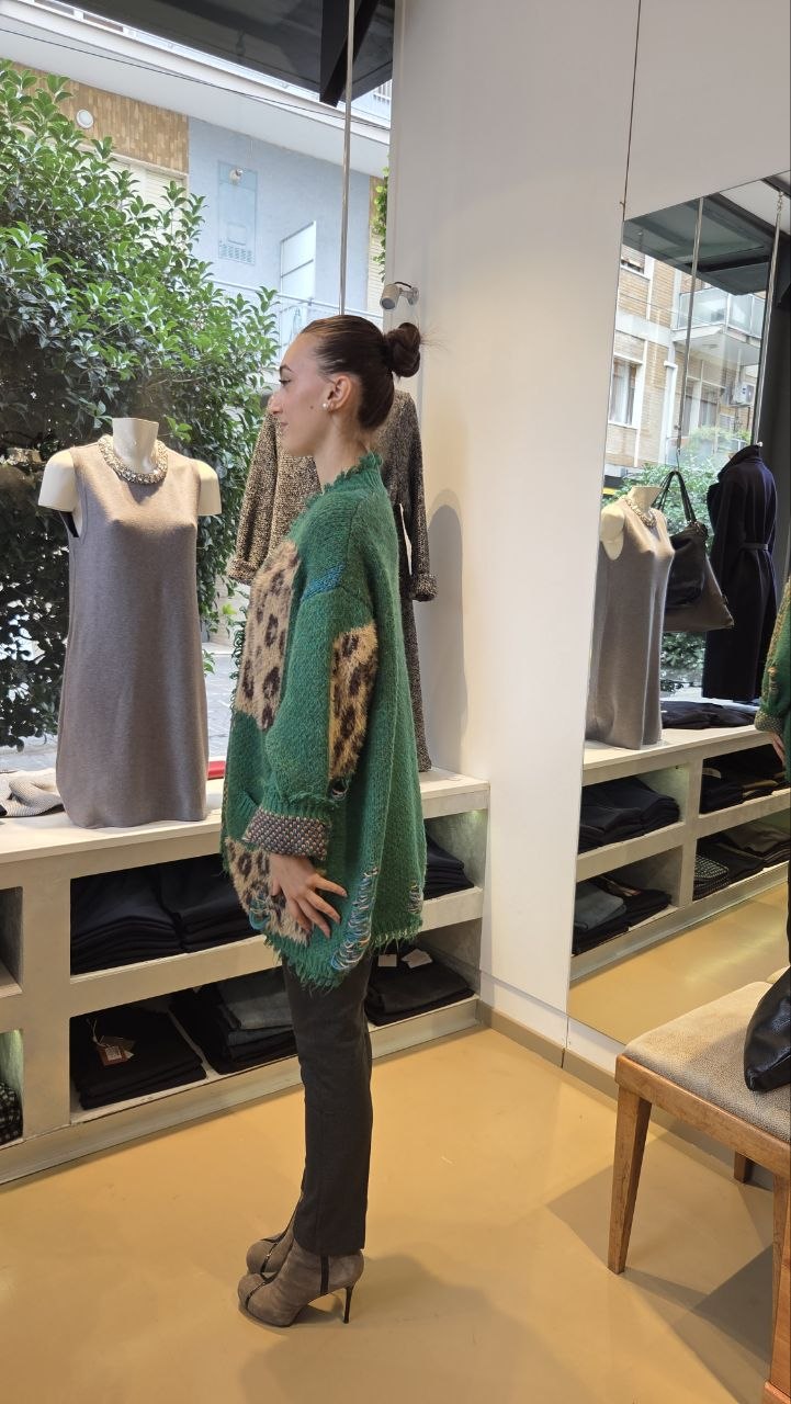 Cardigan in Maglia Patchwork Oversize - Verde, Marrone