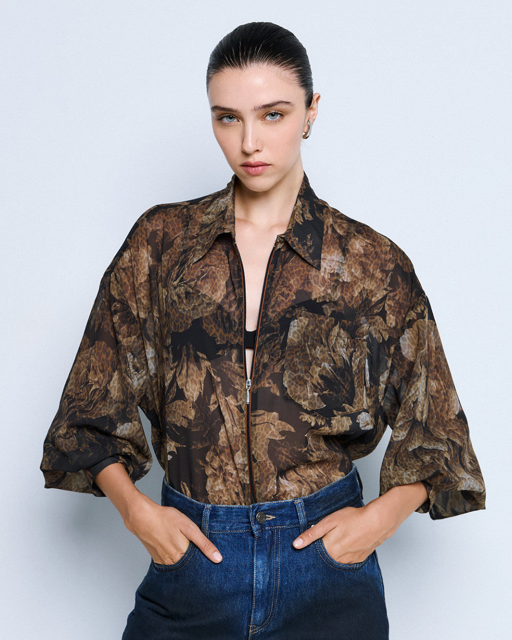 Floral voile shirt with zipper