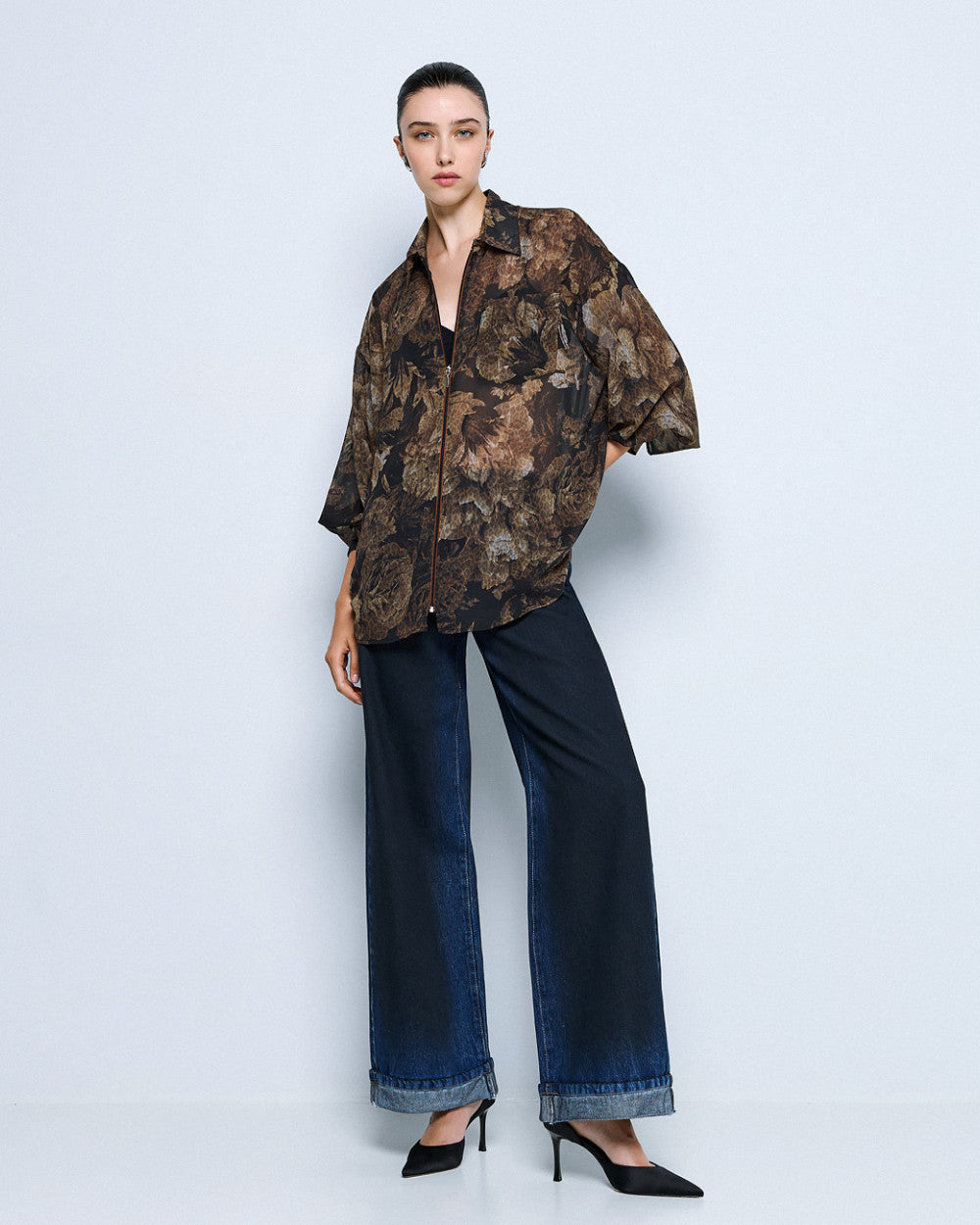Floral voile shirt with zipper