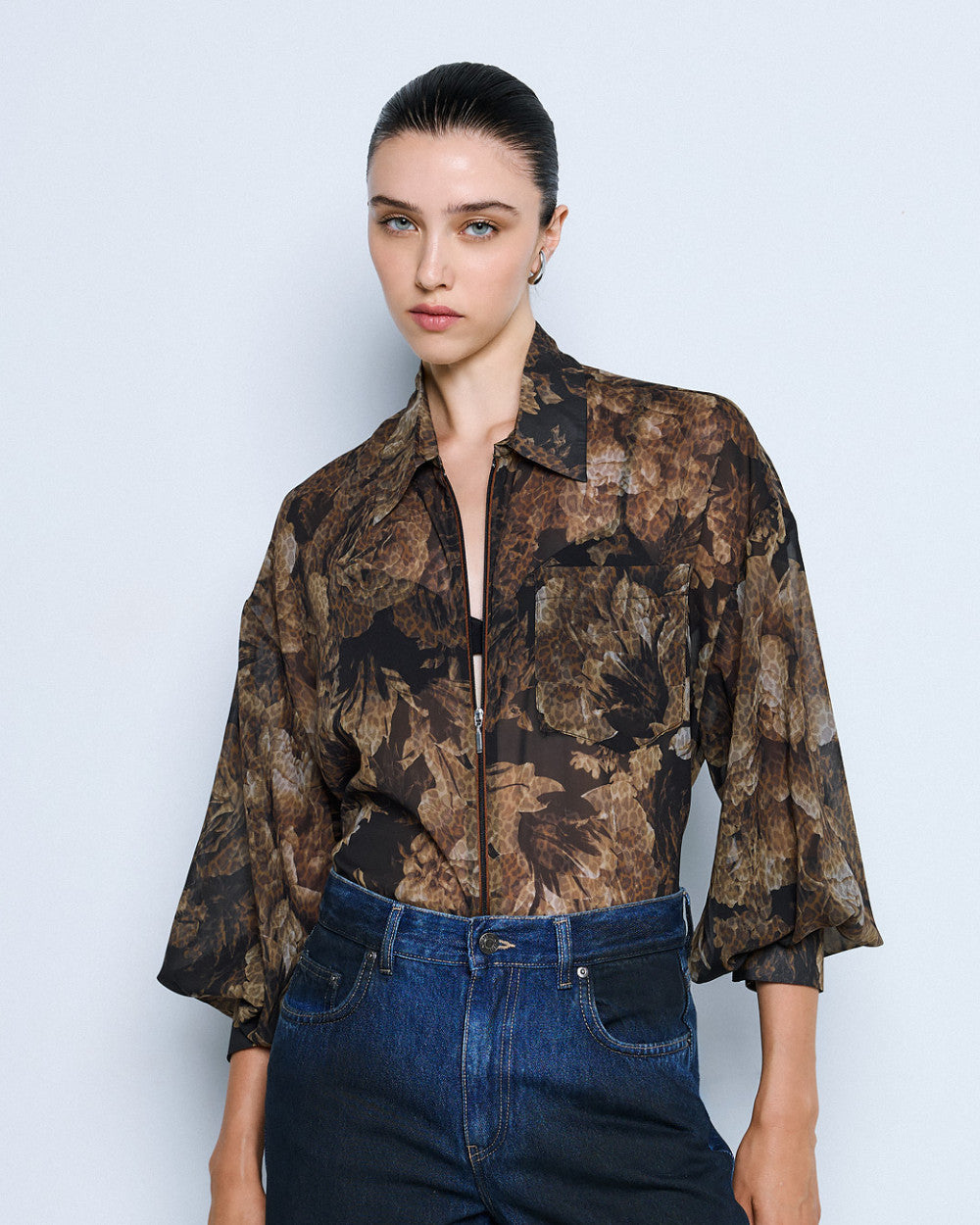 Floral voile shirt with zipper