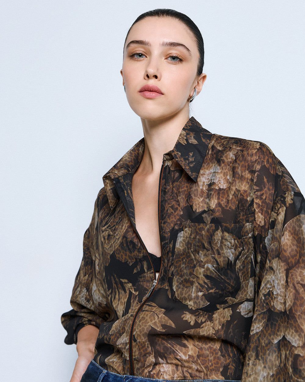 Floral voile shirt with zipper