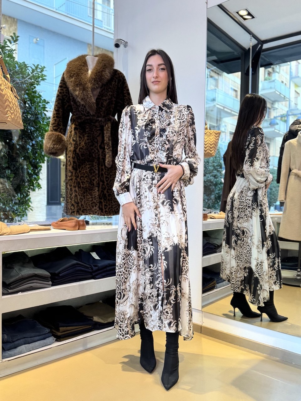 Abito Chemisier in Chiffon e Raso con Stampa Baroque-Leopard