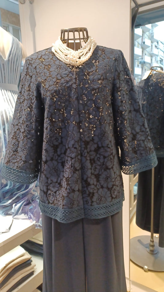 Giacca tipo Cardigan in  Pizzo Blu e Spacchetti Laterali