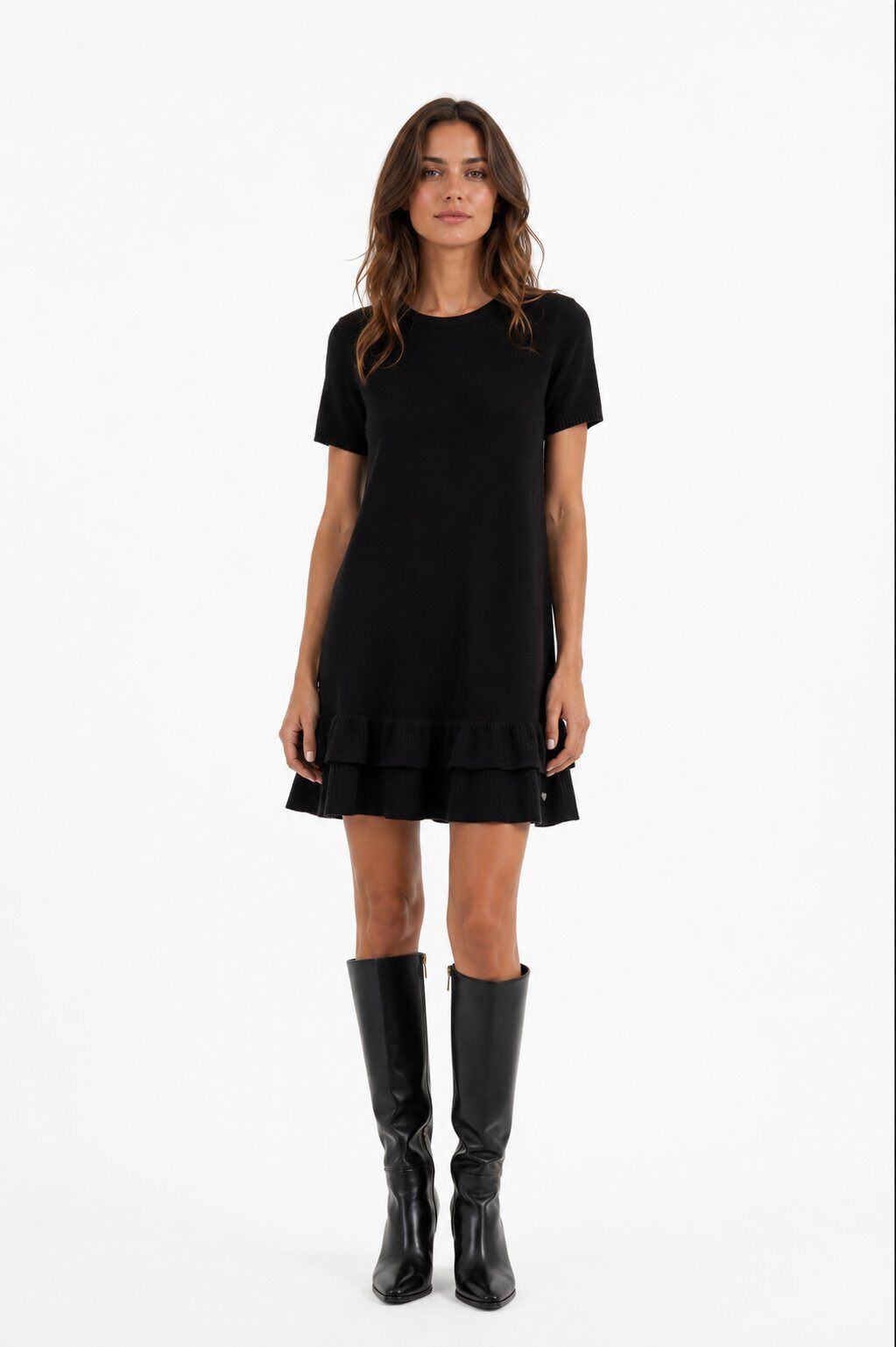 Abito Corto in Maglia con Doppia Balza - Nero, Bordeaux, Marrone, Viola