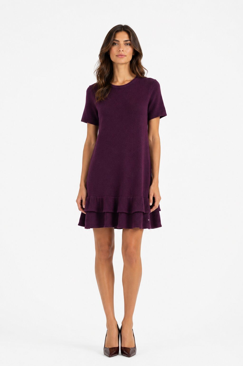 Abito Corto in Maglia con Doppia Balza - Nero, Bordeaux, Marrone, Viola