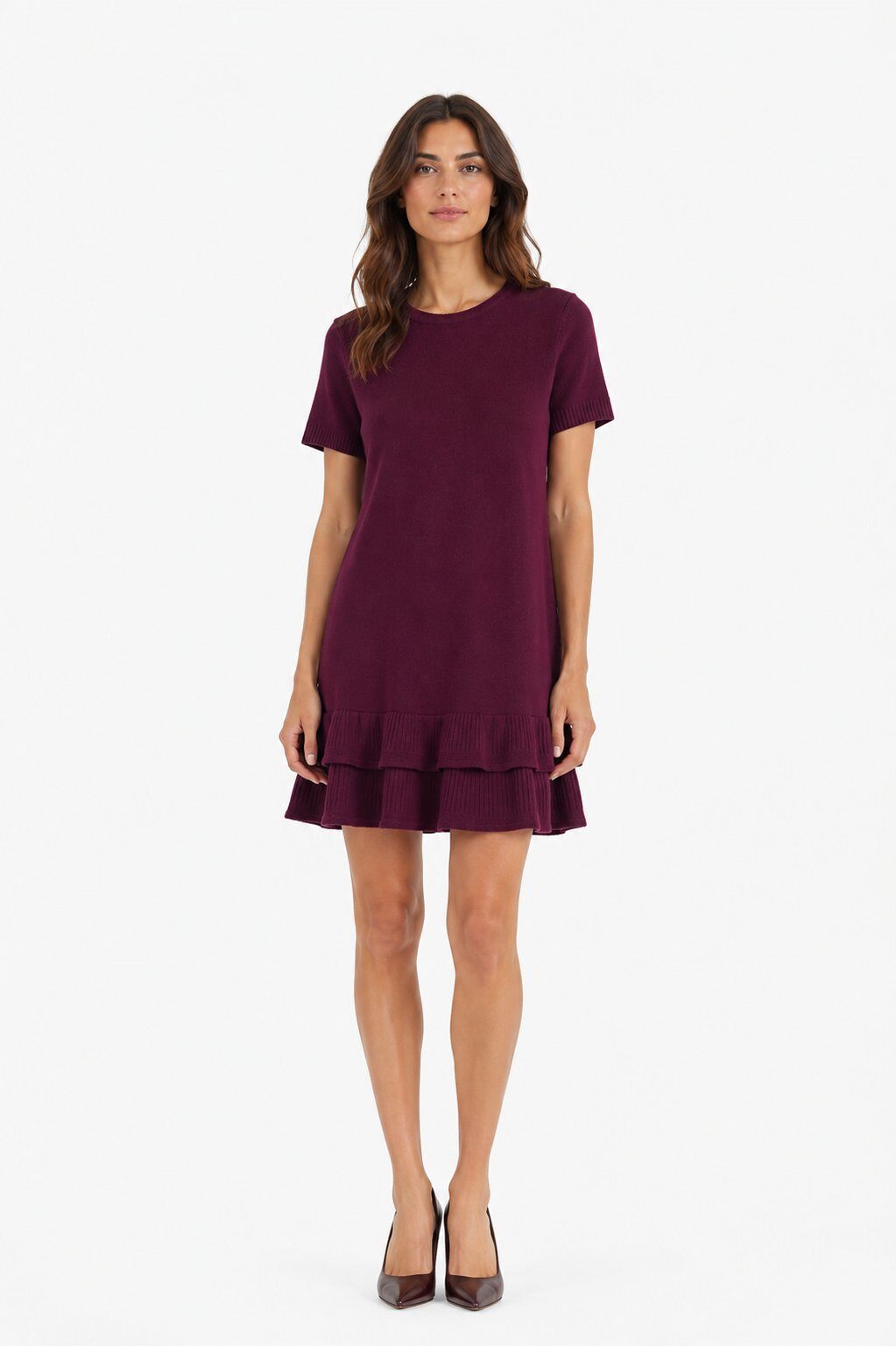 Abito Corto in Maglia con Doppia Balza - Nero, Bordeaux, Marrone, Viola