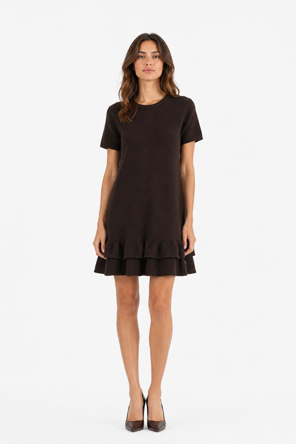 Abito Corto in Maglia con Doppia Balza - Nero, Bordeaux, Marrone, Viola