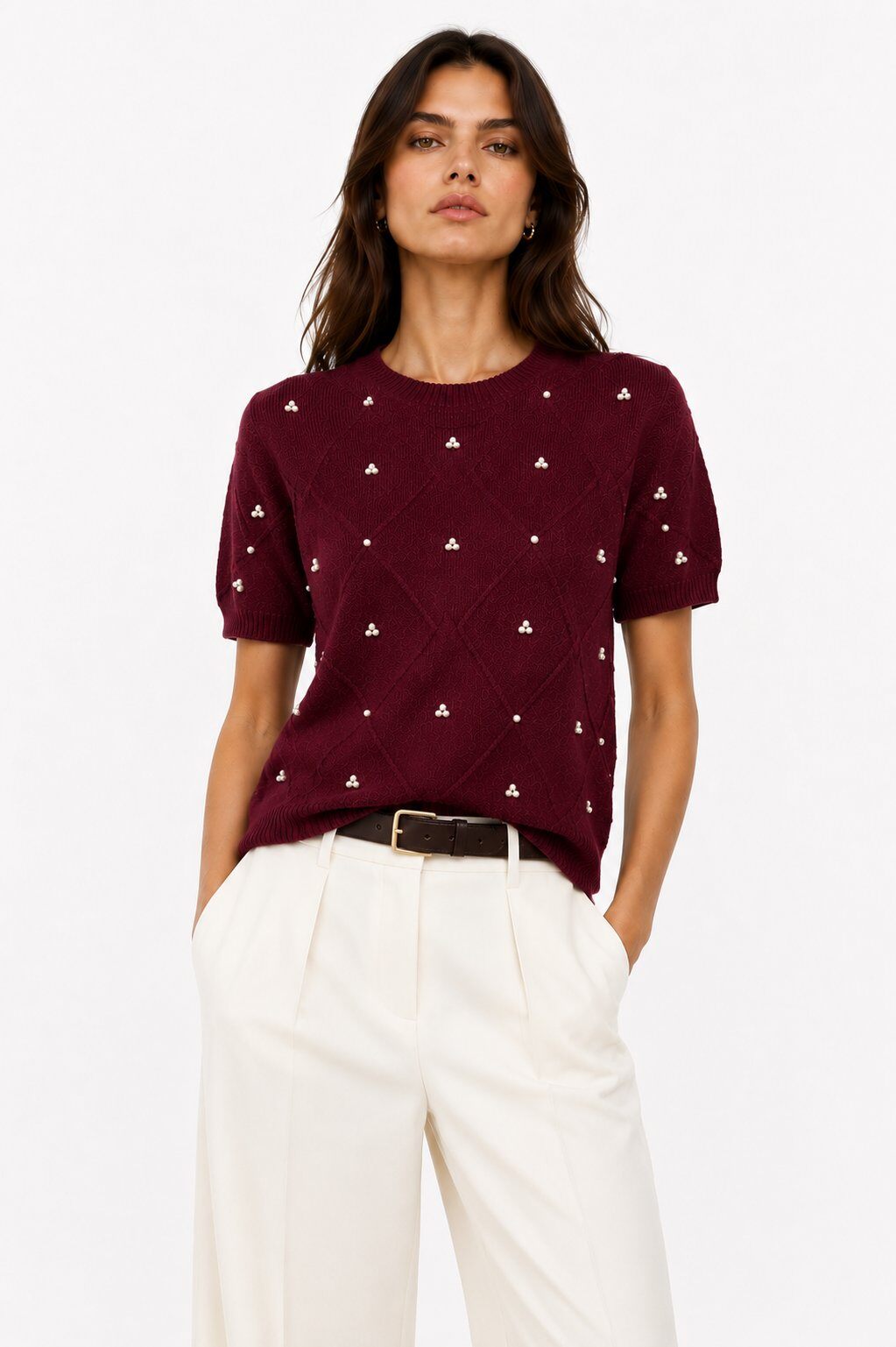 Maglia a Maniche Corte Con Perline - Bordeaux, Marrone, Nero