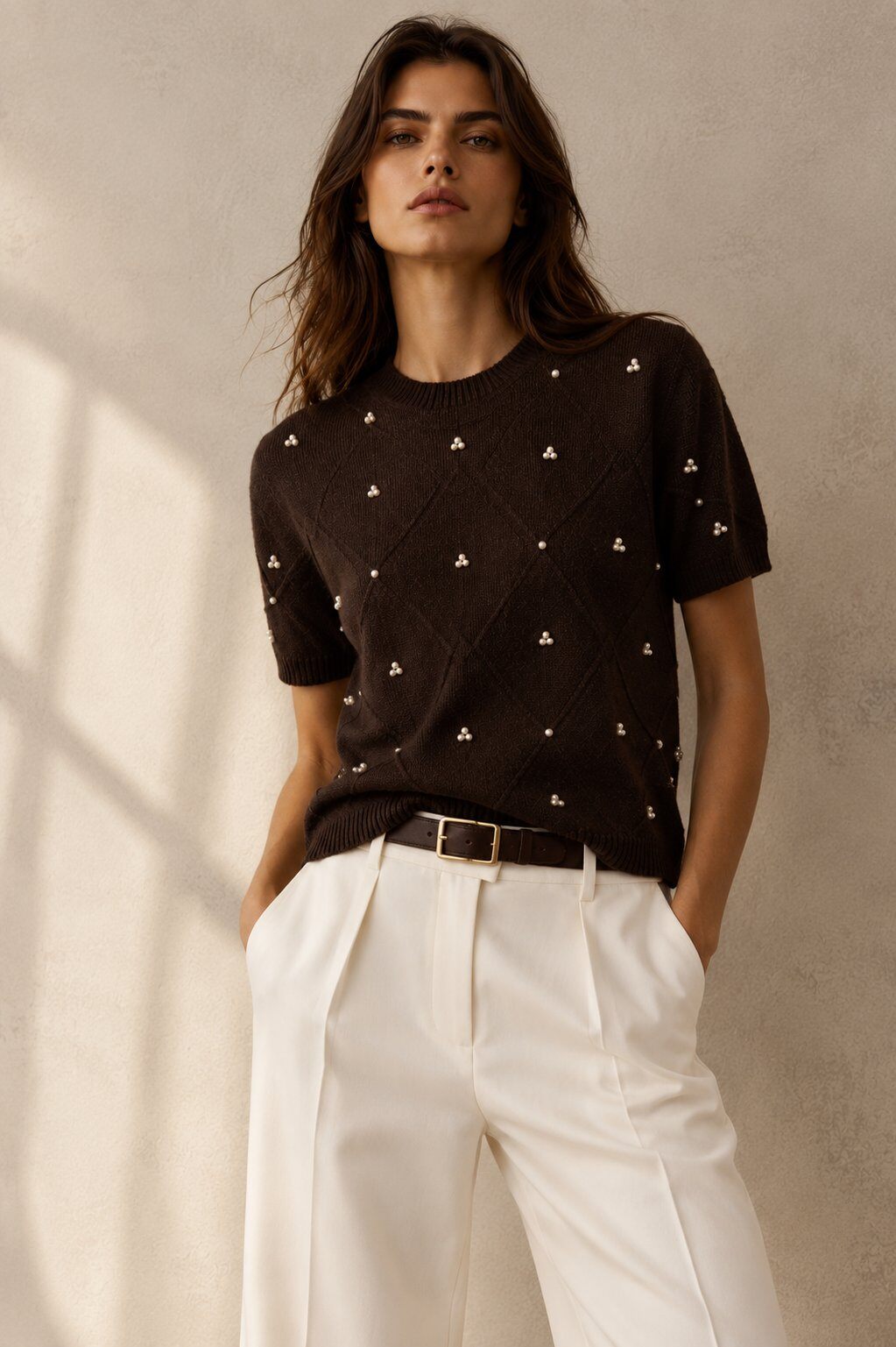 Maglia a Maniche Corte Con Perline - Bordeaux, Marrone, Nero