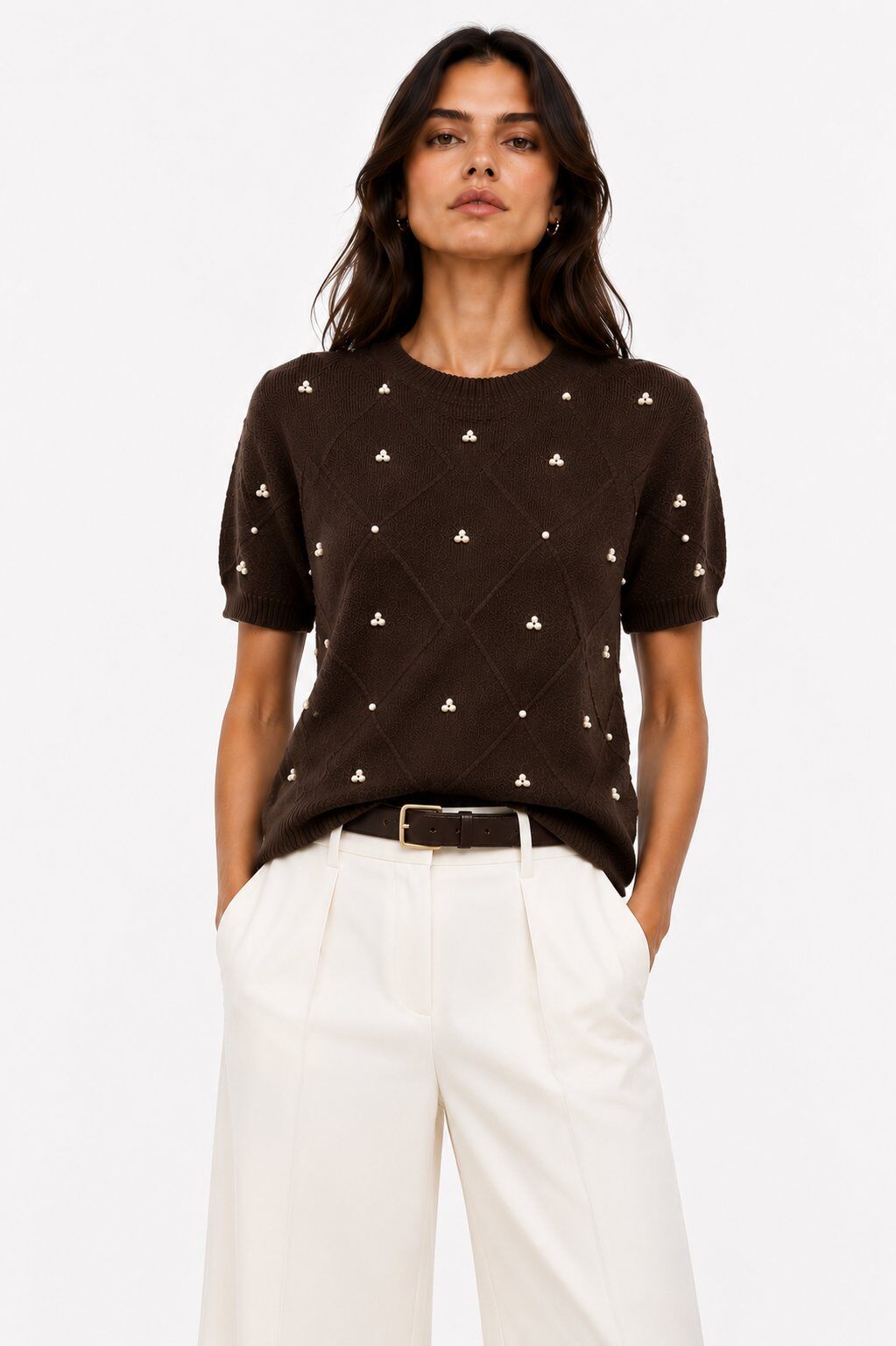 Maglia a Maniche Corte Con Perline - Bordeaux, Marrone, Nero