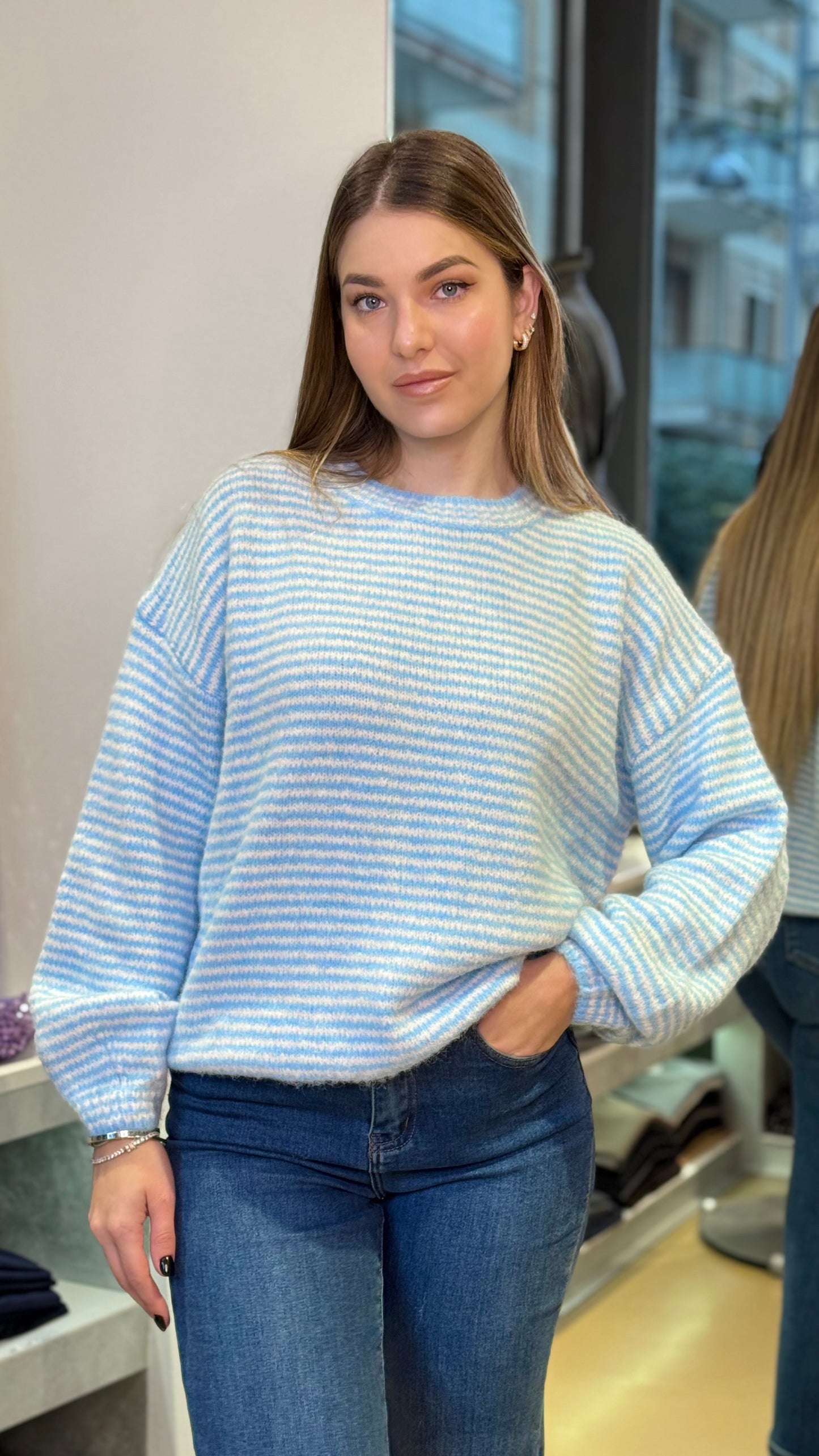 Maglione a Righe Bianco e Celeste