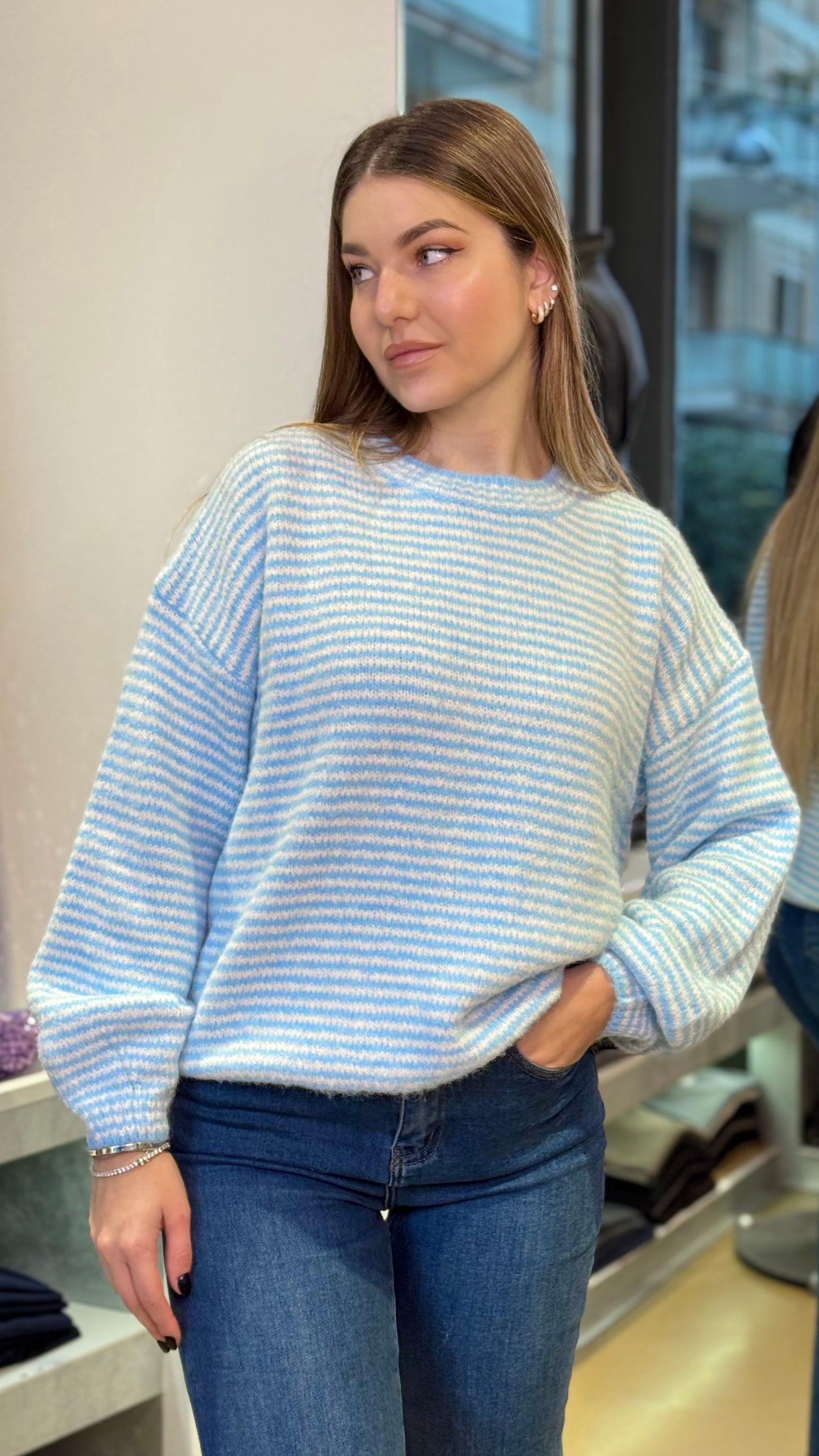 Maglione a Righe Bianco e Celeste