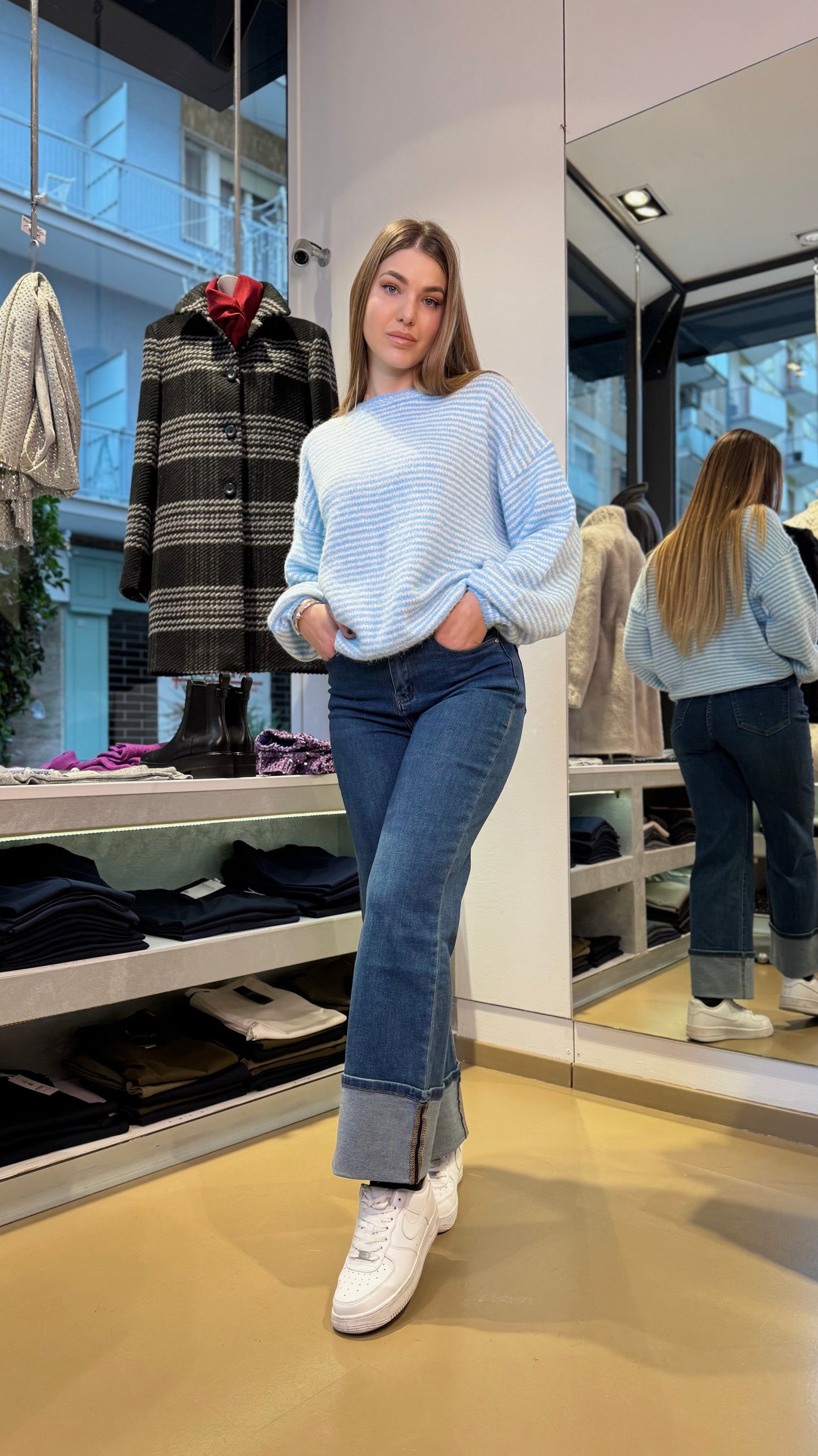 Maglione a Righe Bianco e Celeste
