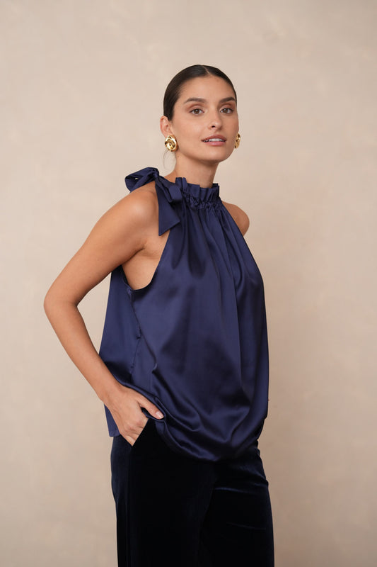 Top in Raso col Fiocco e Scollatura all'Americana - Celeste, Bronzo, Blu
