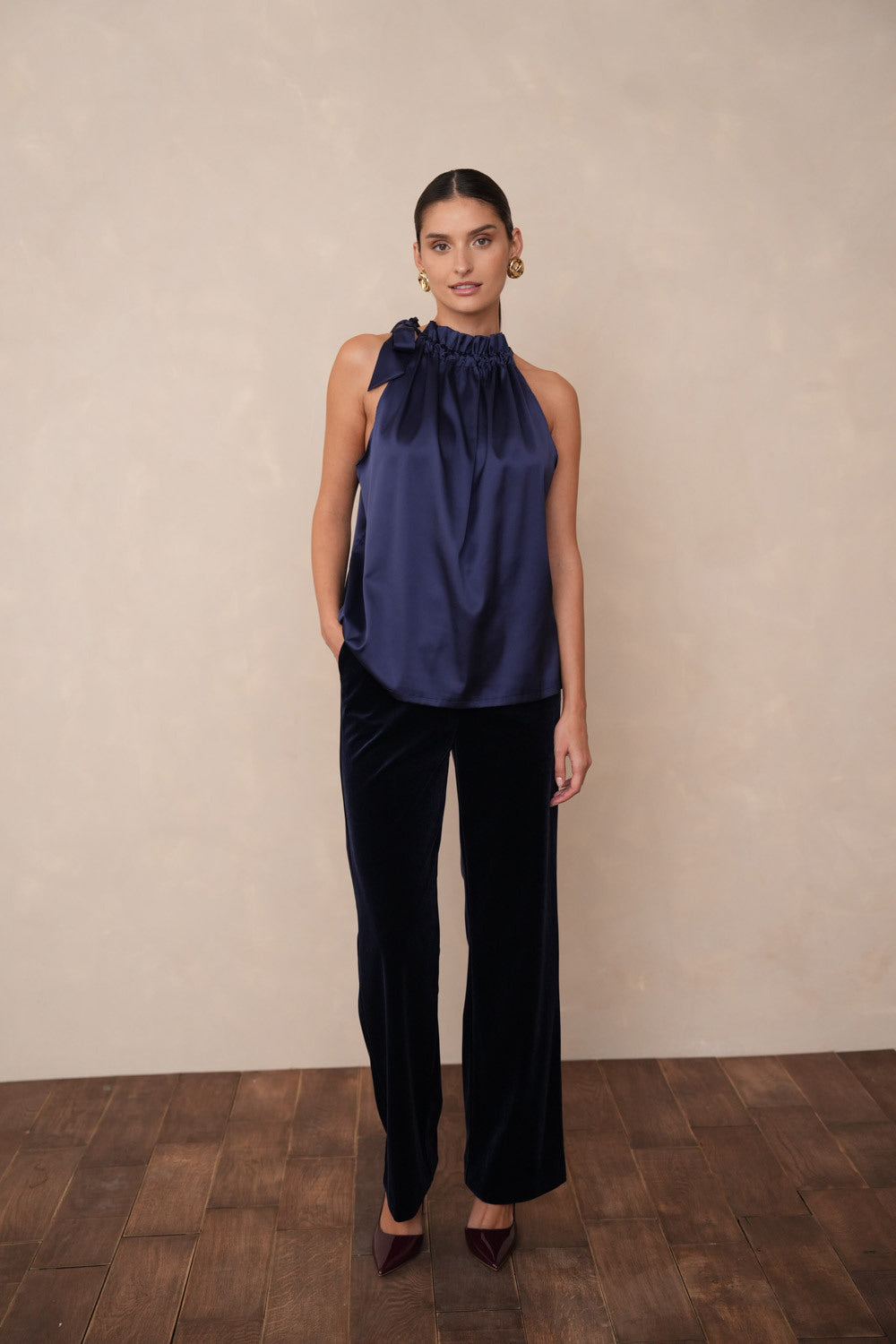 Satin Top with Bow and Halter Neck - Light Blue, White, Blue