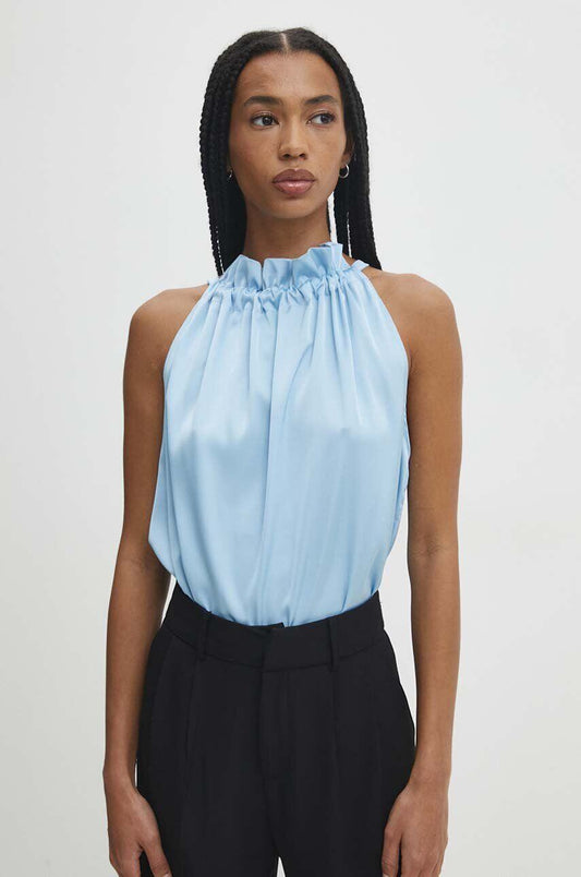 Satin Top with Bow and Halter Neck - Light Blue, White, Blue