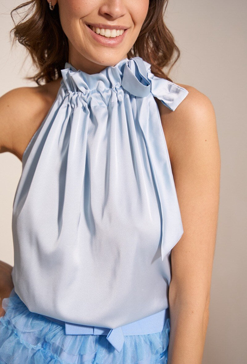 Satin Top with Bow and Halter Neck - Light Blue, White, Blue