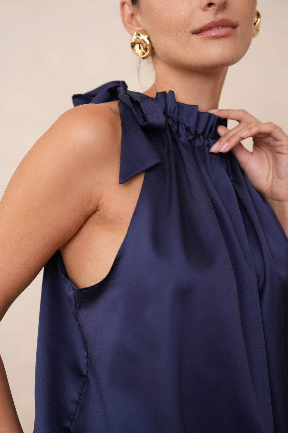 Satin Top with Bow and Halter Neck - Light Blue, White, Blue