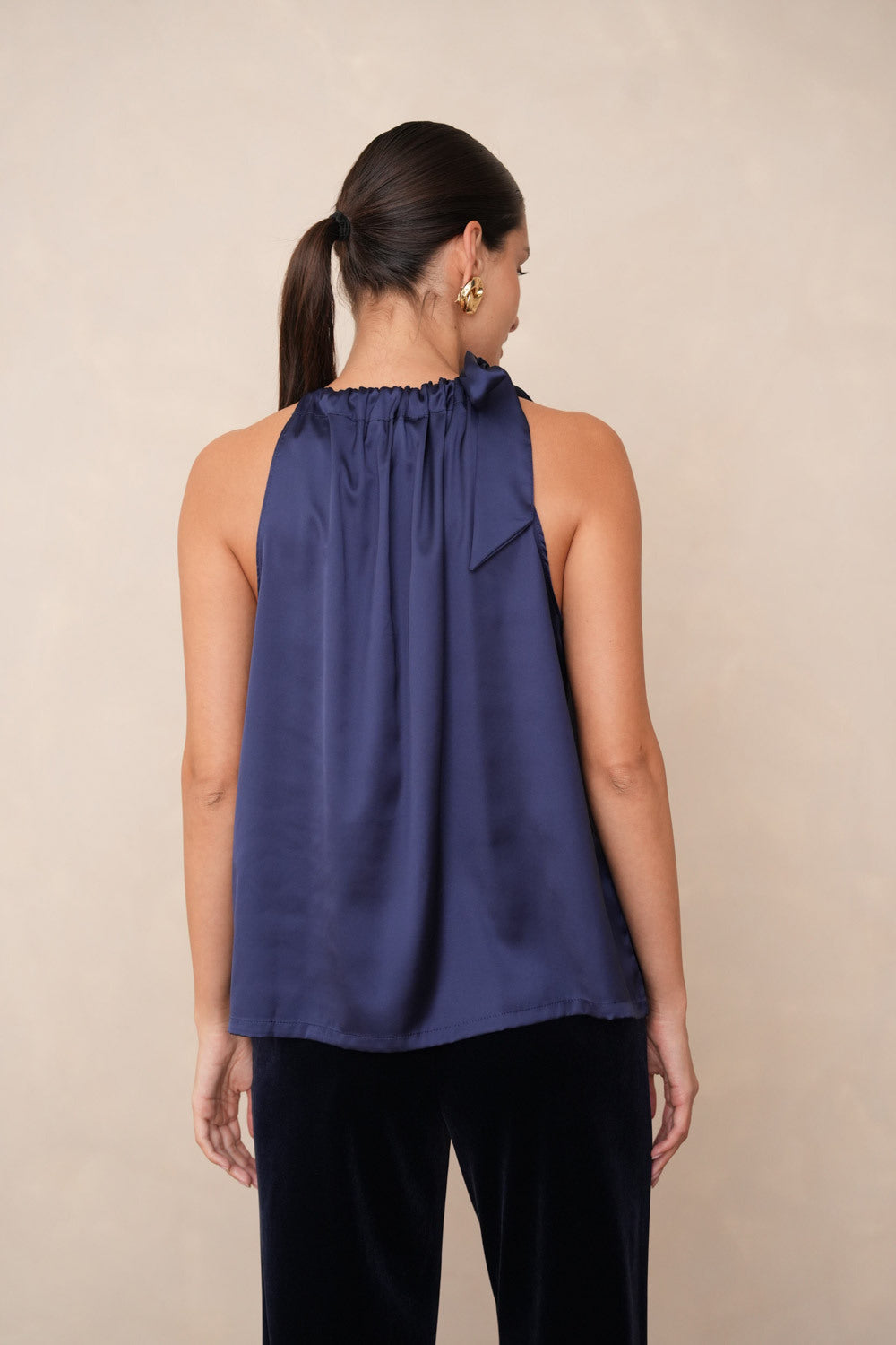 Satin Top with Bow and Halter Neck - Light Blue, White, Blue
