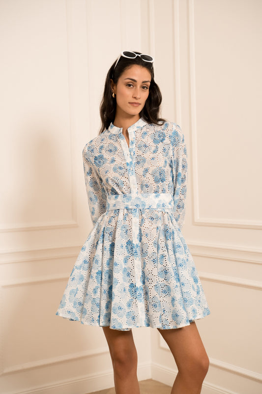 Abito Skater con Ricamo Stampato - Bianco e Celeste
