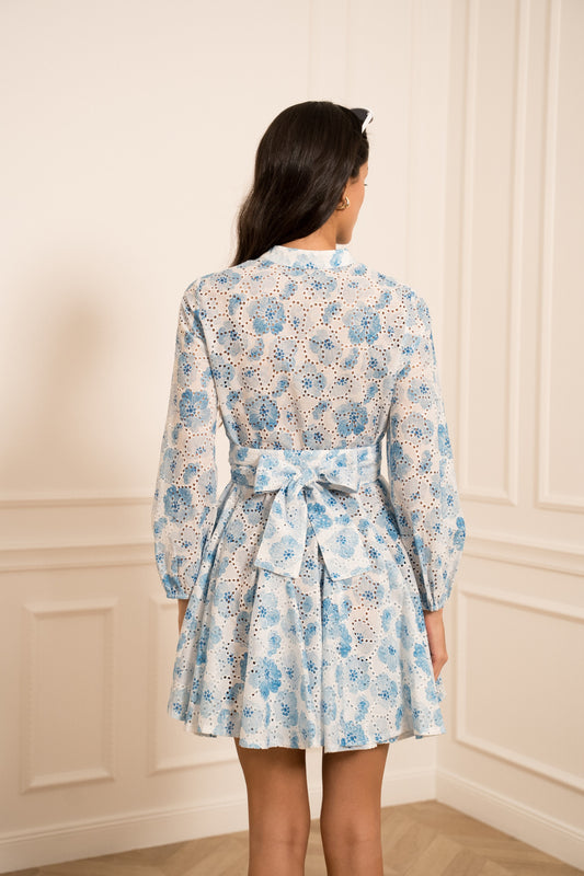 Abito Skater con Ricamo Stampato - Bianco e Celeste