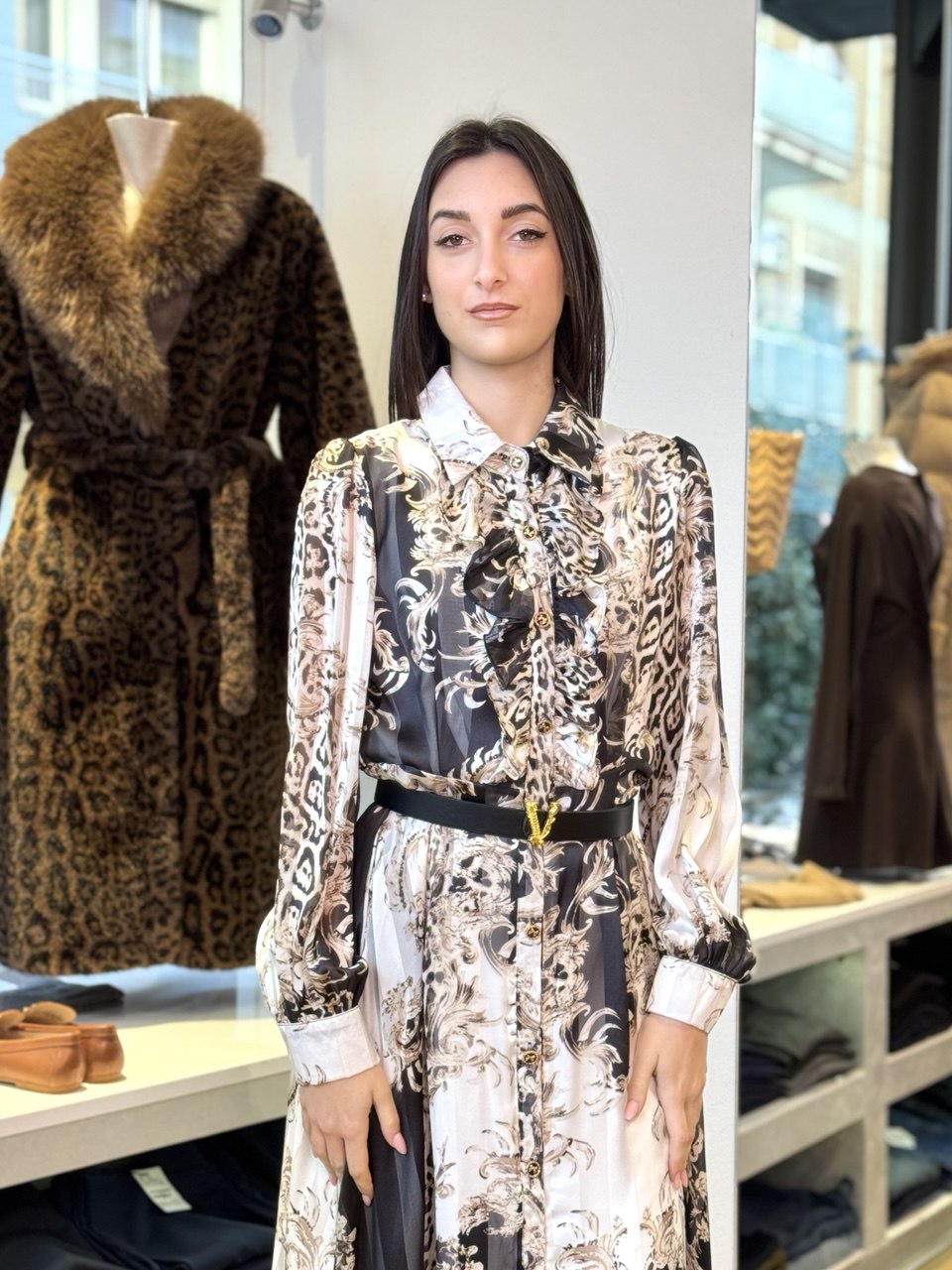 Abito Chemisier in Chiffon e Raso con Stampa Baroque-Leopard