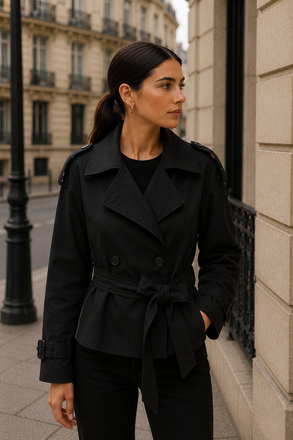 Trench Corto Nero con Cintura