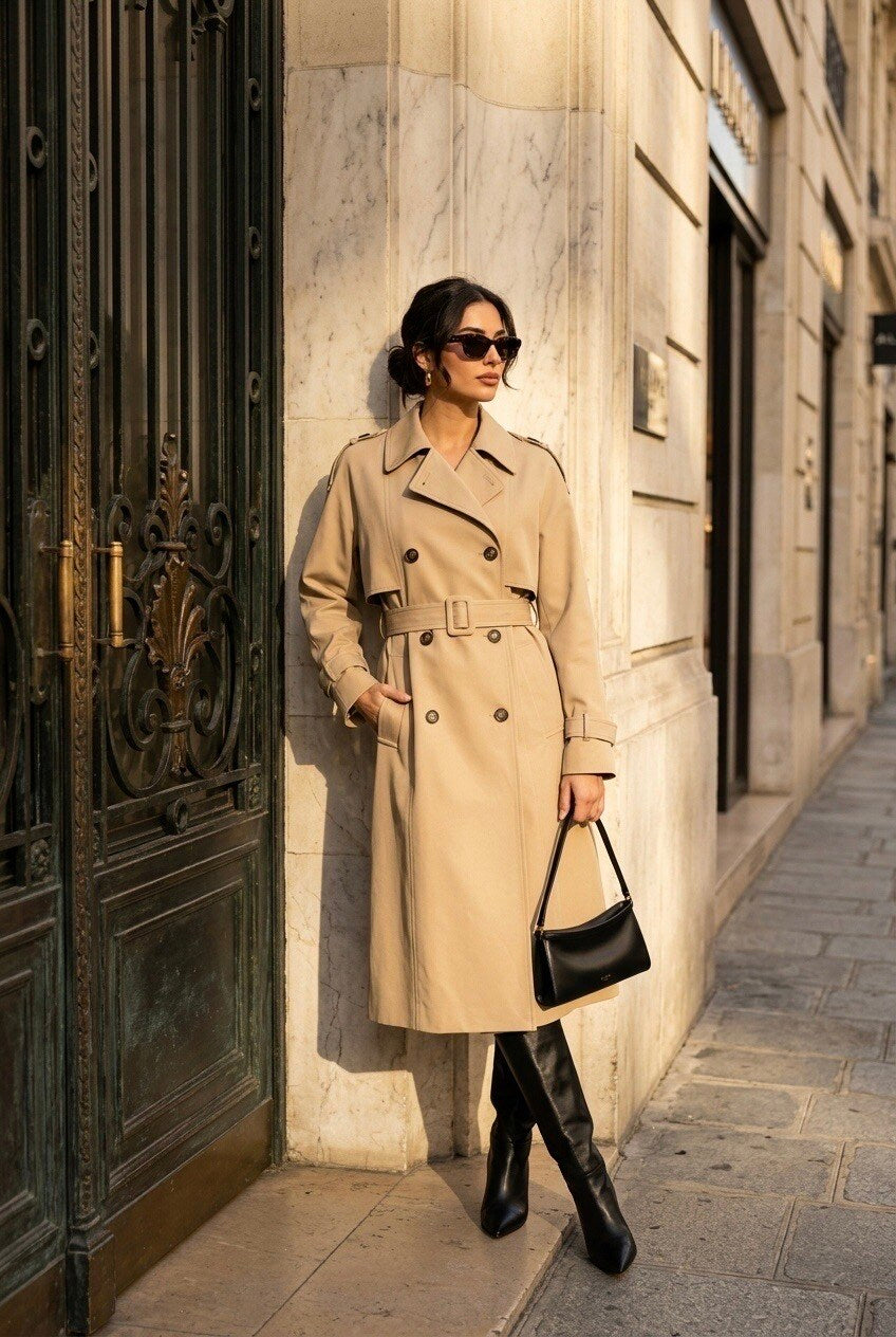 Trench Lungo Doppiopetto con Cintura - Nero, Beige