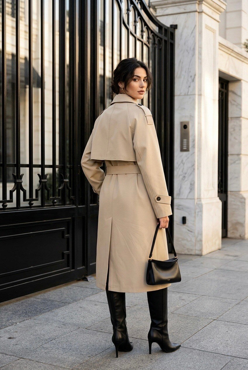 Trench Lungo Doppiopetto con Cintura - Nero, Beige