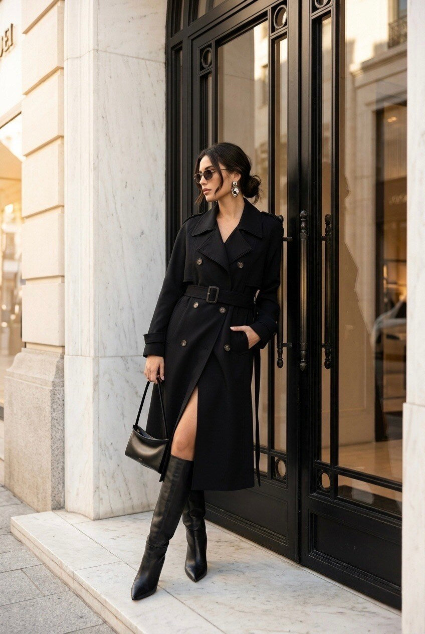 Trench Lungo Doppiopetto con Cintura - Nero, Beige