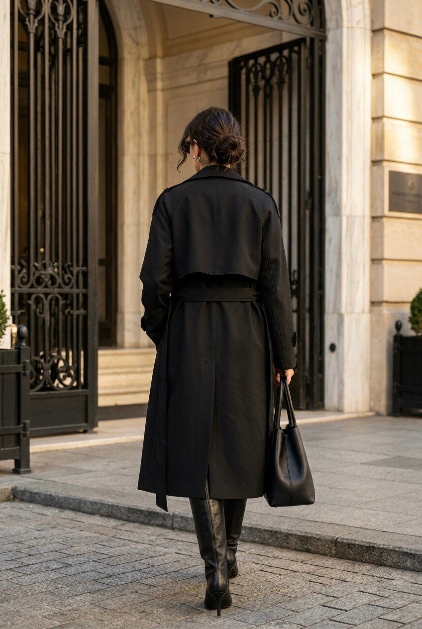Trench Lungo Doppiopetto con Cintura - Nero, Beige